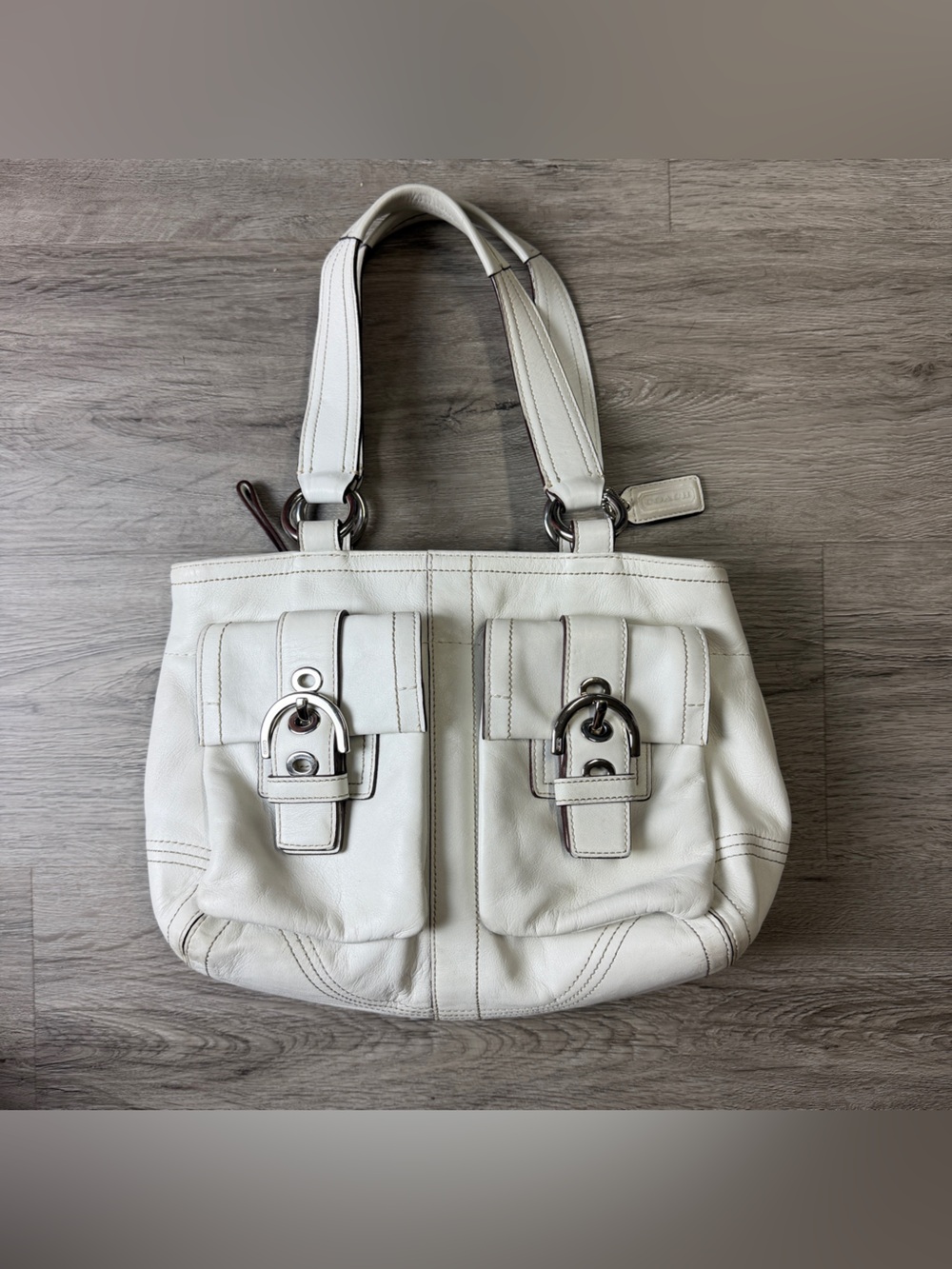 Y2K Coach Soho 8A09 Double Buckle White Leather Shoulder Bag